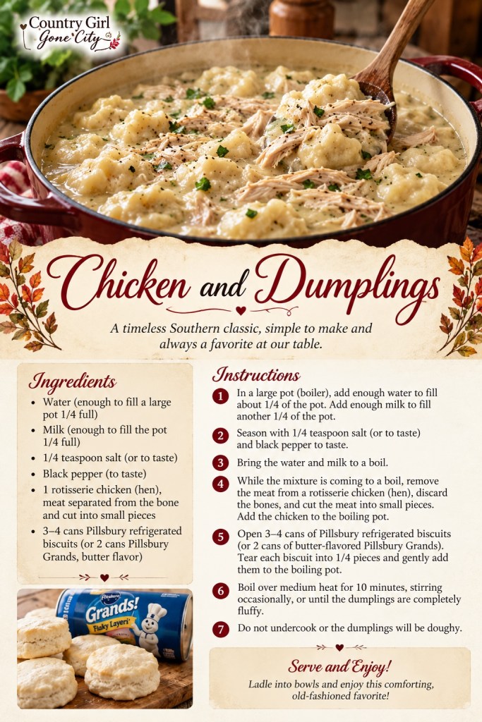 Printable Southern chicken and dumplings recipe card with ingredients and cooking directions
