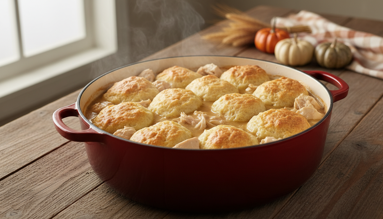 Large pot of creamy Southern chicken and fluffy dumplings on a rustic kitchen table